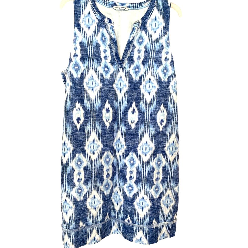 TOMMY BAHAMA IKAT DESIGN BLUE/WHITE LINEN BLEND SHIFT POCKETS SPLIT NECK XL